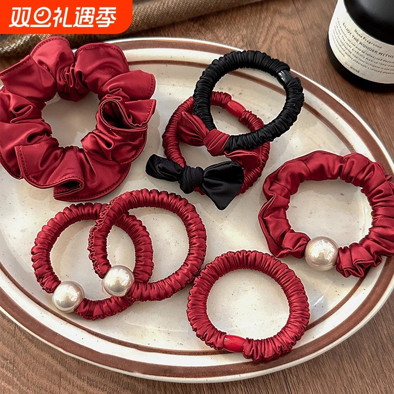 雅楚红色珍珠蝴蝶结头绳新款高端发绳头饰高弹力丸子头花发饰发圈