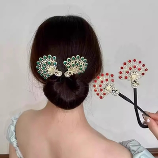 高端后腦勺開屏夾子羽毛發(fā)夾頭飾女 丸子頭孔雀扭扭盤發(fā)器2025新款