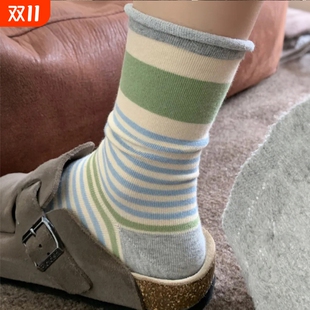 ins风百搭复古拼色无骨中筒 韩版 秋季 多巴胺卷边条纹堆堆袜子女款