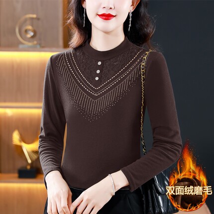 洋气打底衫女2024新款中年妈妈德绒内搭加绒加厚蕾丝上衣t恤秋冬