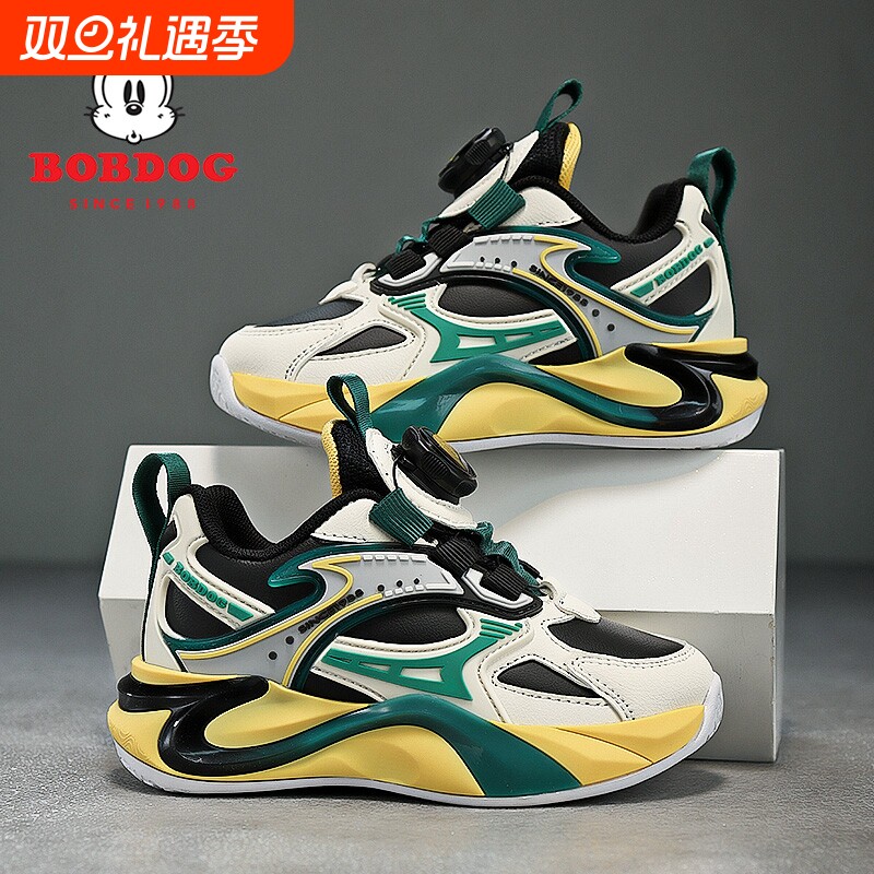 巴布豆男童跑步鞋春秋皮面防水2025新款旋转纽扣软底女童运动鞋子