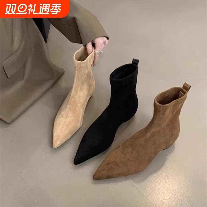 欧美2025秋冬新款简约磨砂绒面平底袜靴平跟瘦瘦靴气质尖头短靴女