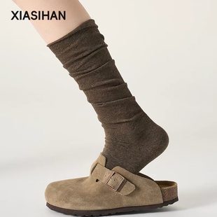 美拉德咖色堆堆长筒袜秋冬全棉小腿袜配靴子中筒袜黑色白色不起球