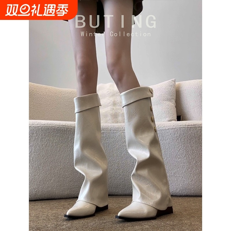 羊皮版~小香风尖头坡跟长筒靴女靴2025裤管骑士靴高跟防水台白色