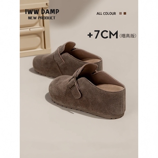 IWW厚底增高7cm包头勃肯半拖鞋女2026新款复古皮带扣欧货百搭简约