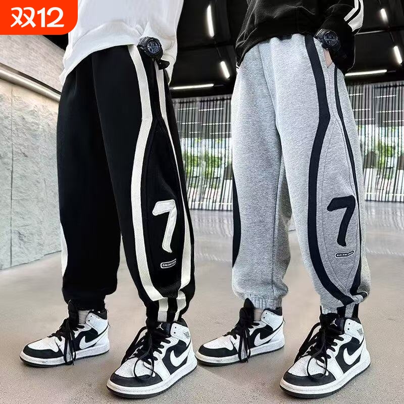 男童裤子秋季新款字母个性印花休闲裤加绒宽松运动裤秋冬束脚裤潮