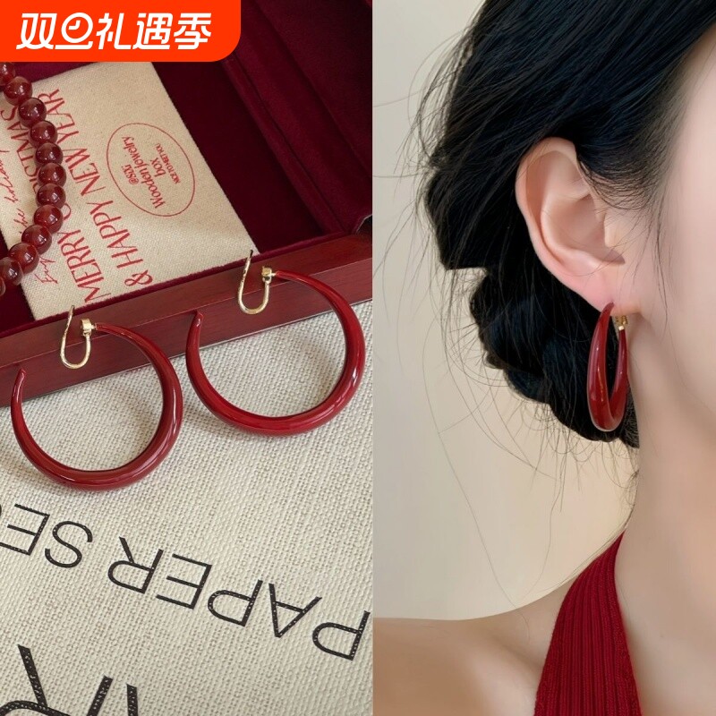 「安可拉红」复古圈圈红色耳饰蚊香盘耳夹无耳洞圆圈显白耳钉纯银