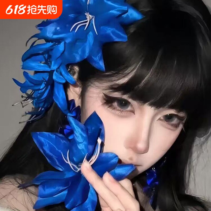 蓝色百合花朵发夹侧边假花头饰仿真花刘海发卡高颜值发饰拍照配饰