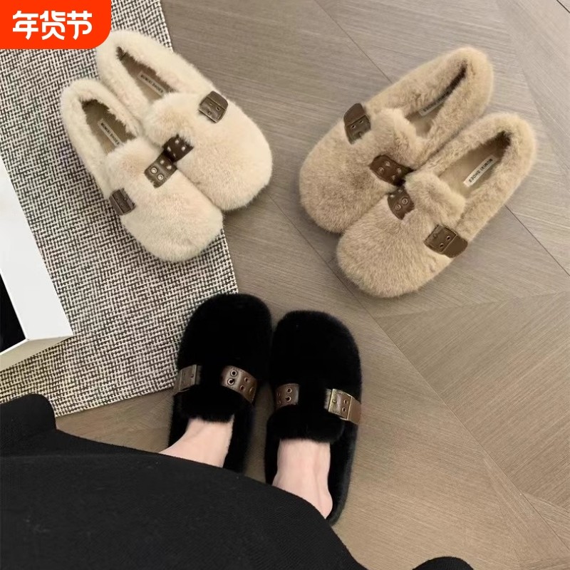 水貂毛毛鞋女外穿2025新款秋冬季懒人一脚蹬豆豆鞋女平底加绒棉鞋,女鞋,乐福鞋（豆豆鞋）,淘宝优惠券,粉丝福利购,淘宝优惠卷