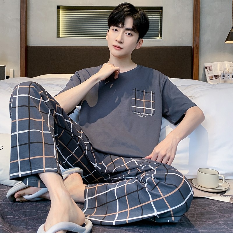 夏季纯棉2025新款睡衣男士短袖长裤大码条纹全棉家居服套装可外穿