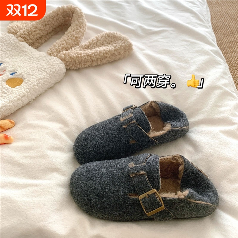 两穿~！懒人加绒勃肯鞋女冬季ins厚底毛毛包跟棉鞋内增高毛绒黑色