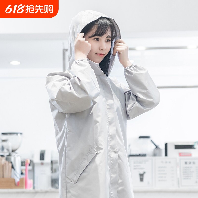 韩版时尚拉链风衣式大人罩衣女士长袖防水防油厨房围裙带帽工作服