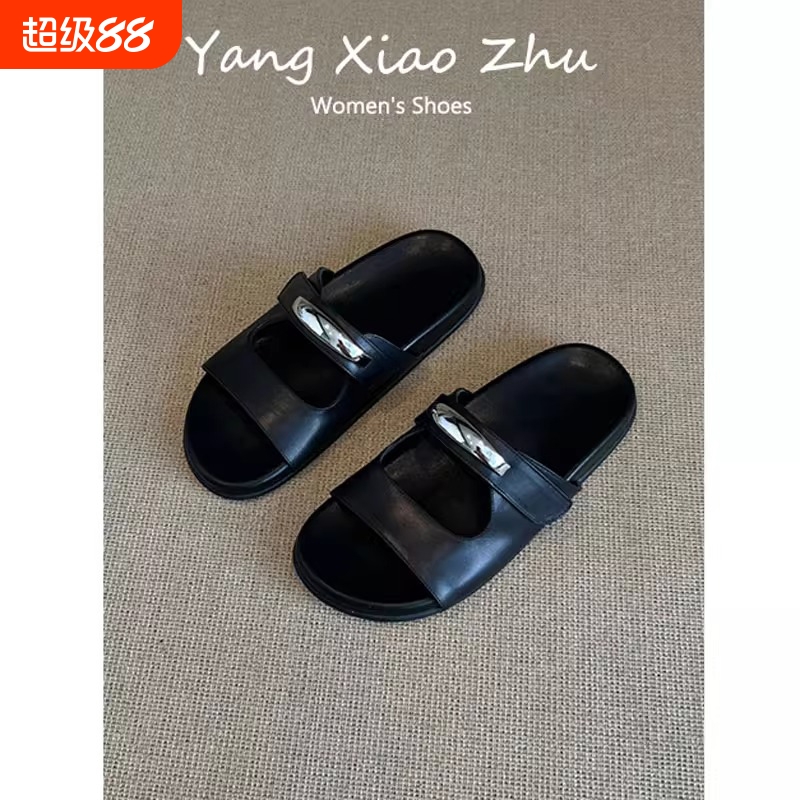 法式夏季金属扣一字拖女2025新款设计真皮厚底沙滩鞋魔术贴凉拖鞋