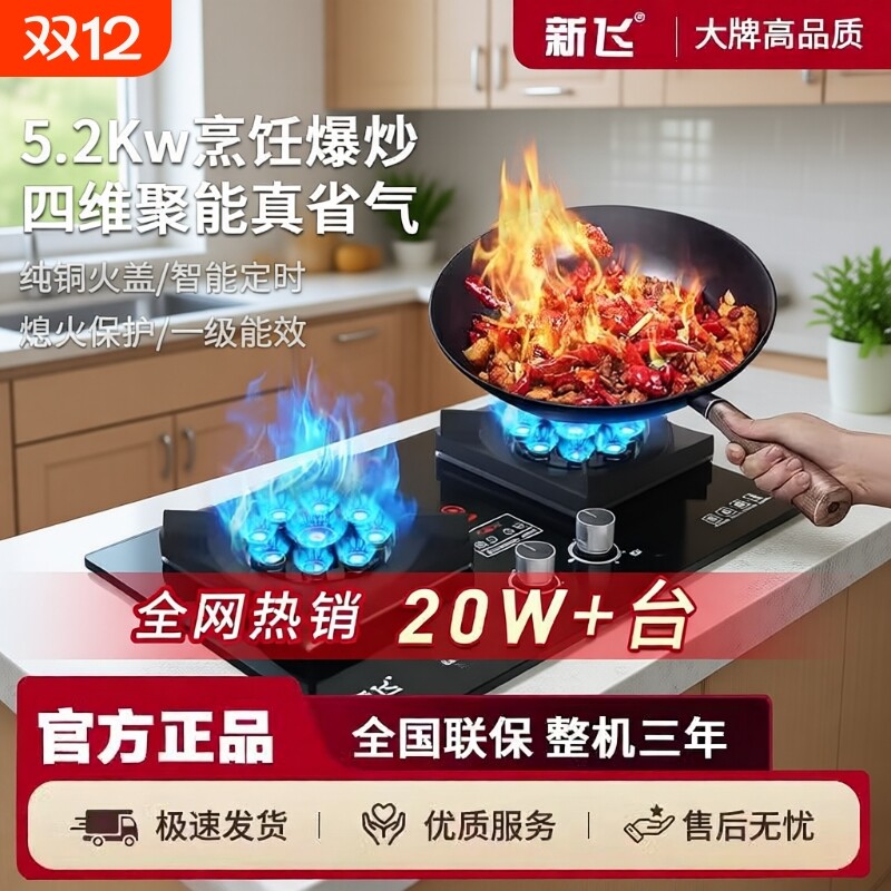 新飞家用燃气灶双灶台式天然气灶具液化气煤气灶嵌入式猛火灶定时