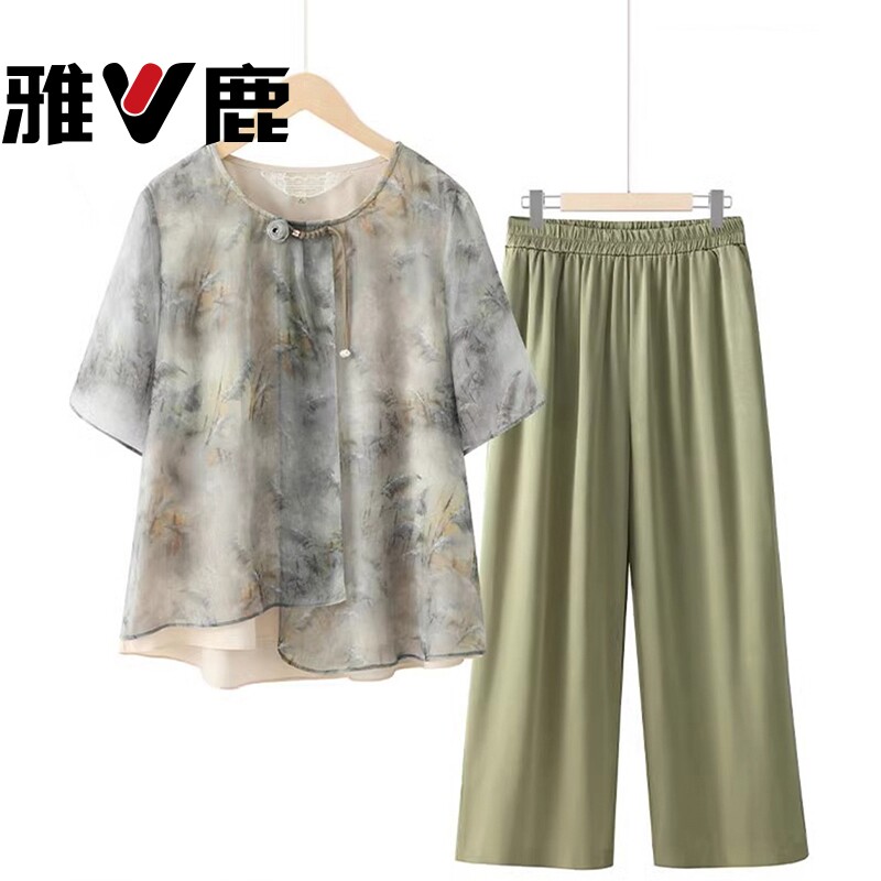 雅鹿妈妈夏装新款套装中老年人女装短袖夏季衣服雪纺T恤洋气上衣
