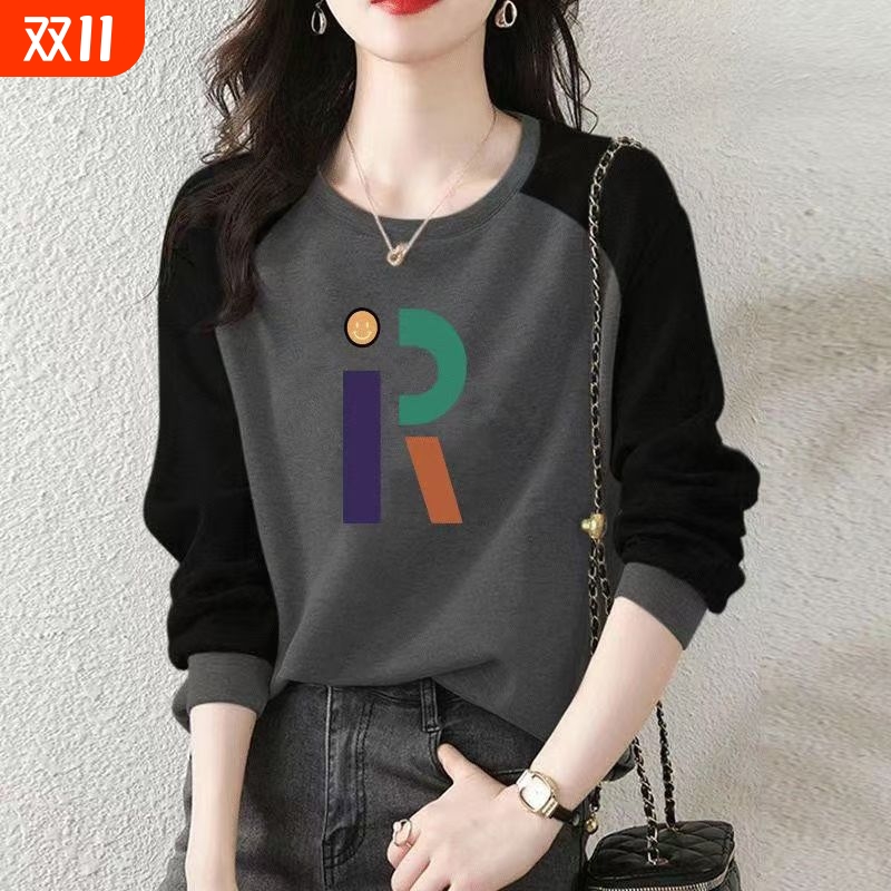 100%纯棉长袖T恤上衣女秋冬韩版宽松遮肉显瘦套头外穿拼接薄卫衣J