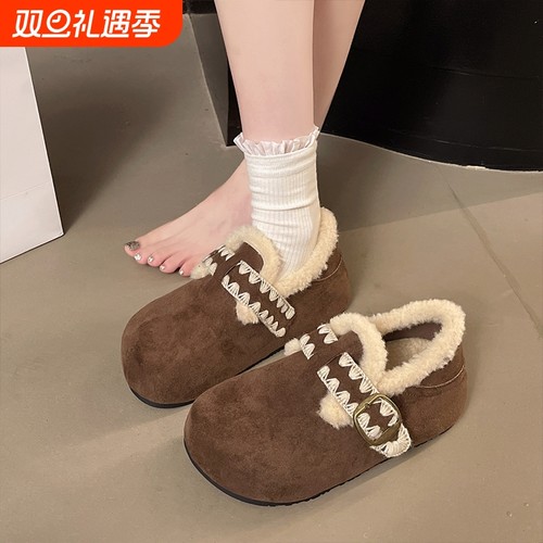 大码女鞋41到43勃肯鞋加绒厚底复古毛毛鞋2025新款冬保暖低帮棉鞋