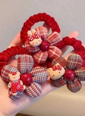 红色格纹花朵发圈儿童秋冬植绒扎发绳可爱卡通丸子头皮筋女童发饰
