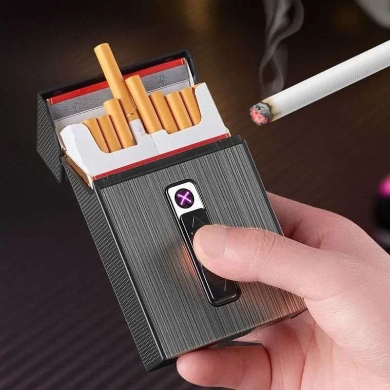 充电防风打火机烟盒一体防潮烟盒子保护套大容量烟火密封铝合金