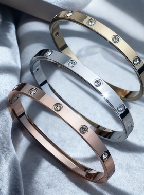 卡满天星手镯二排钻宽窄版love手环镀18K玫瑰金男女黄金手腕宽版