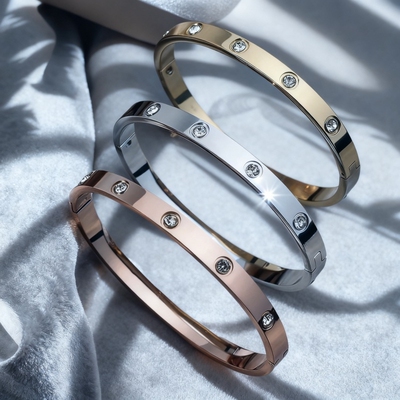 卡满天星手镯二排钻宽窄版love手环镀18K玫瑰金男女黄金手腕宽版