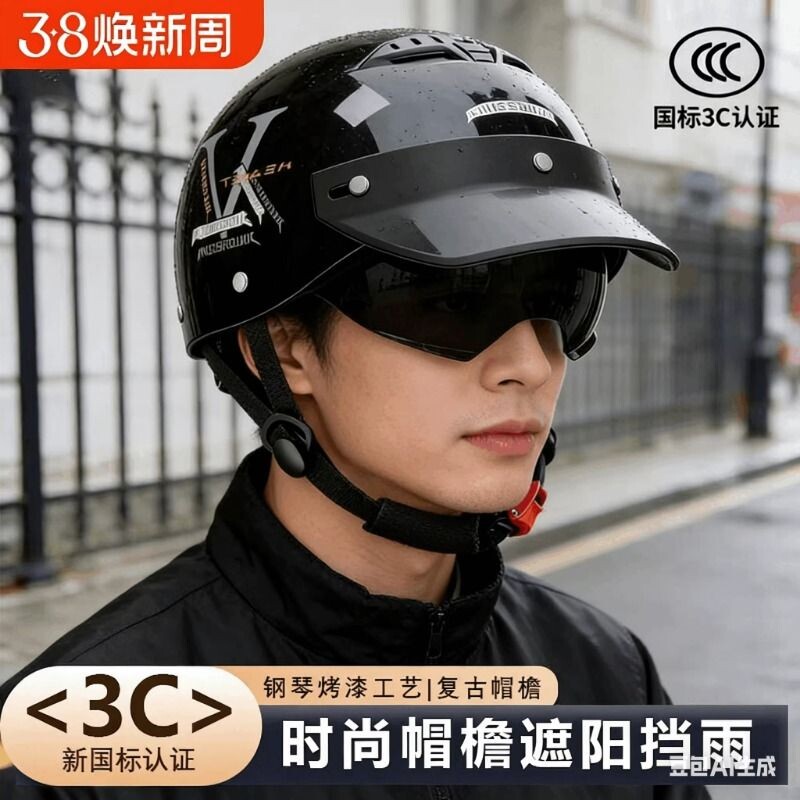 2026款头盔女电动车夏季四季通用3C认证电瓶男复古半盔安全帽夏天