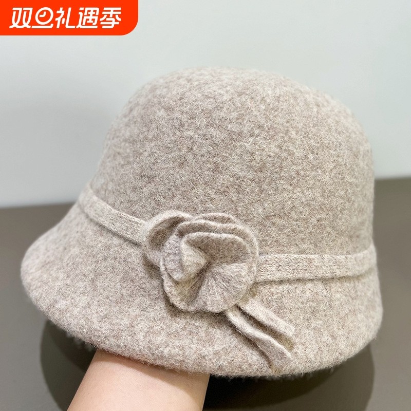 时尚韩版羊毛呢妈妈帽子女士秋冬季礼帽洋气百搭渔夫帽中老年盆帽