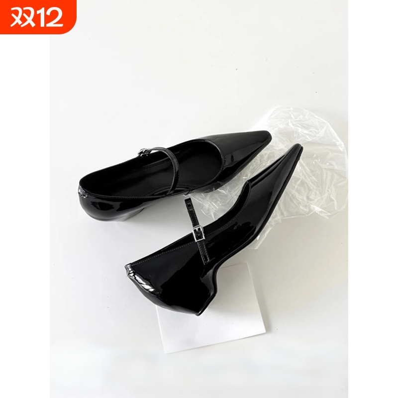 羊皮版~法式气质一字扣带粗跟玛丽珍女鞋尖头单鞋浅口通勤高跟鞋