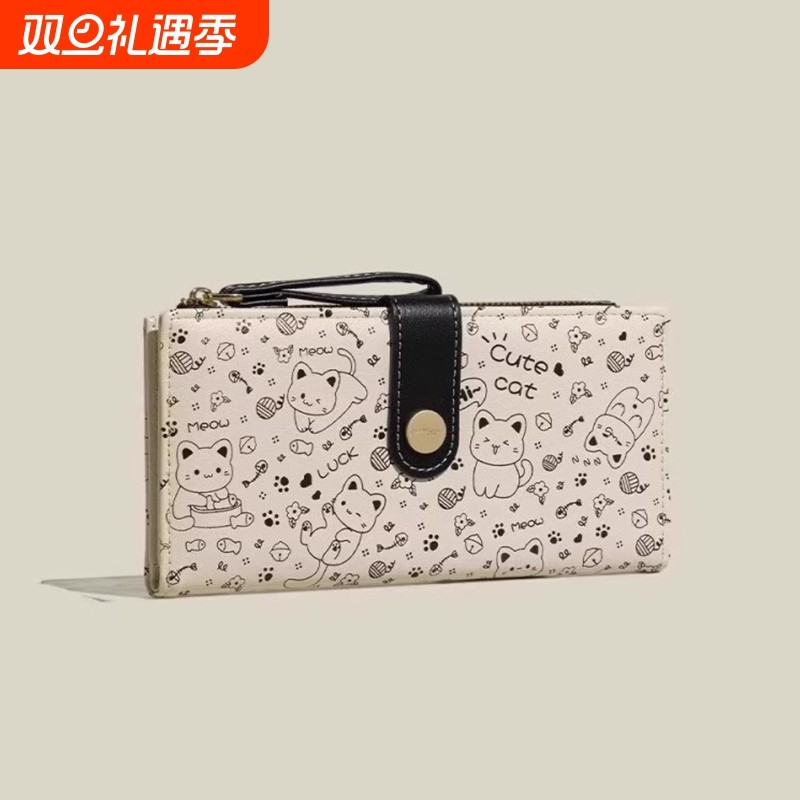 2025新款日系可爱猫咪卡通折叠长款卡包女多功能时尚搭扣零钱包男