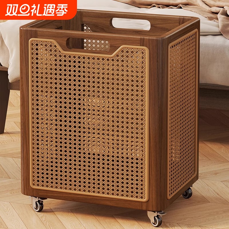 实木藤编脏衣篓家用脏衣服收纳筐大容量卧室收纳桶阳台脏衣篮带轮