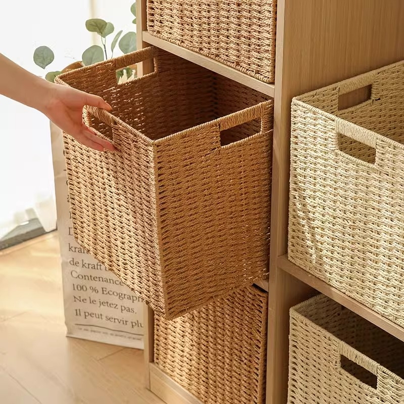 编织收纳筐格子柜书架书柜客厅杂物收纳箱收纳盒仿藤收纳框收纳篮