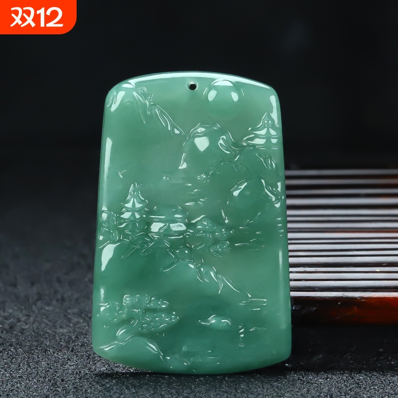 送证书天然冰种翡翠A货山水吊坠精雕玉石挂件男女款项链玉坠玉佩