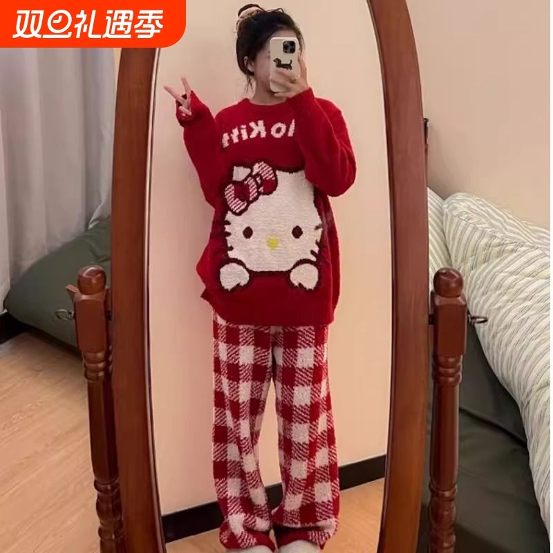 红格子半边绒睡衣女HelloKitty针织冬季加厚家居服可外穿红