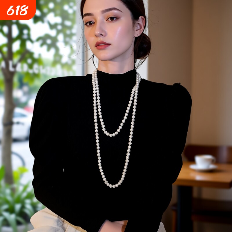珍珠毛衣链长款简约百搭多层叠戴加长旗袍链配旗袍女士项链施家