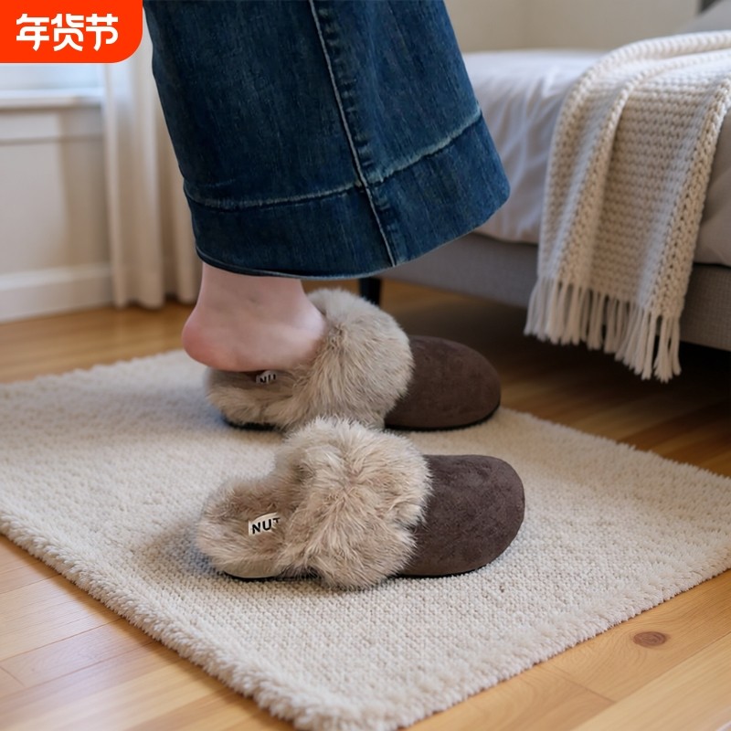 法式平底包头拖鞋女外穿冬季复古加绒保暖勃肯毛毛鞋厚底雪地棉靴,女鞋,毛毛鞋,淘宝优惠券,粉丝福利购,淘宝优惠卷