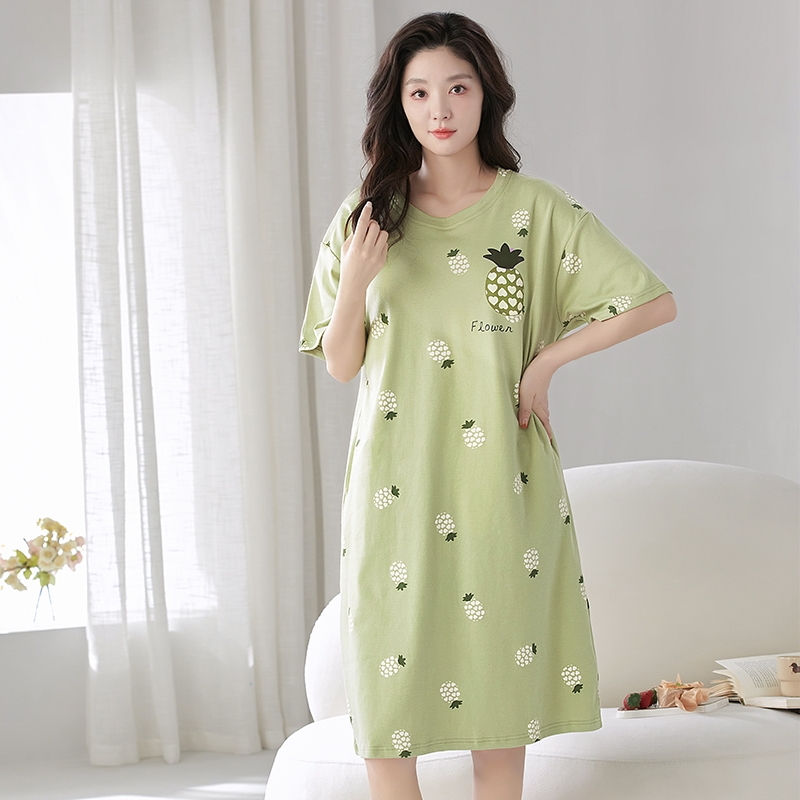 夏季女生睡裙短袖小个子卡通绿色菠萝自带胸垫休闲舒适家居服套装