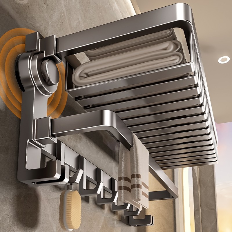 百悍吸盘毛巾架免打孔浴室置物架挂毛巾卫生间可折叠收纳壁挂一体