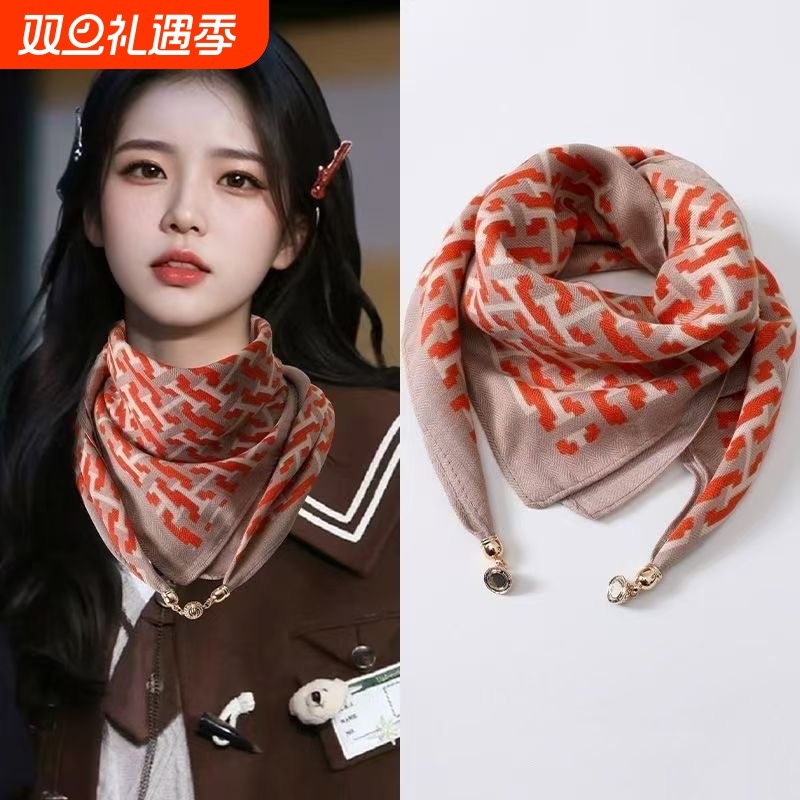 2024新款磁吸式保暖防风百搭围脖洋气丝巾小方巾棉麻围巾女秋冬季