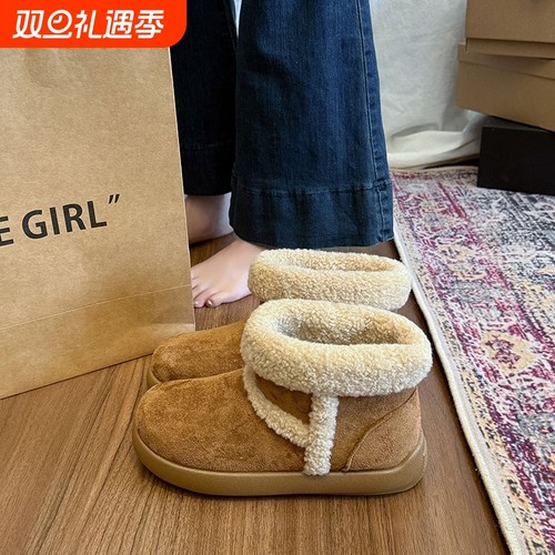 复古厚底加绒加厚毛毛雪地靴女款2025新款冬季增高保暖勃肯棉鞋子