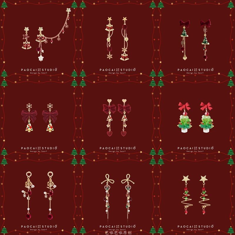 圣诞节铃儿响叮当甜美铃铛耳钉耳夹耳骨夹新年红色设计感耳环耳饰
