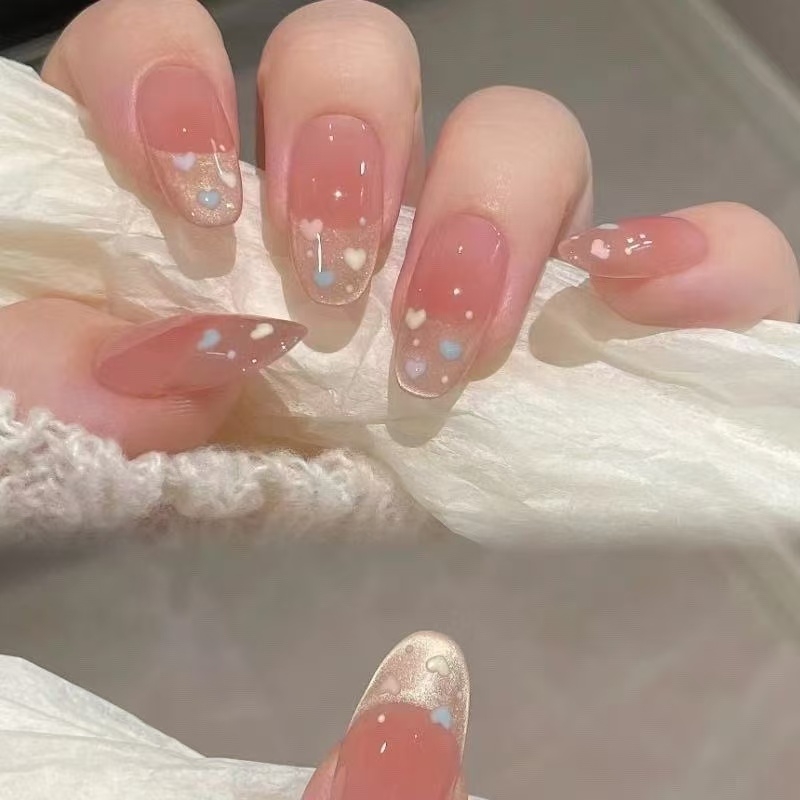 穿戴甲粉色立体爱心手工珍珠美甲贴法式猫眼指甲片红色蝴蝶结烟花