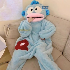 汉顿丑鱼连体睡衣女珊瑚绒加厚保暖秋冬季卡通搞怪情侣睡袍长款男