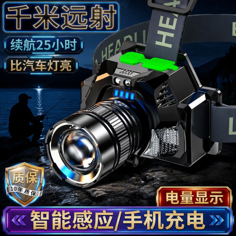 夜钓头戴式头灯2026新款强光超亮超长续航100小时钓鱼专用手电筒