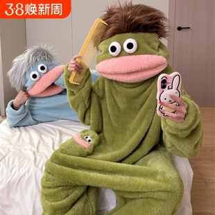 情侣丑鱼连体睡衣女款冬季珊瑚绒加厚保暖亲子搞怪大嘴怪睡袍加绒