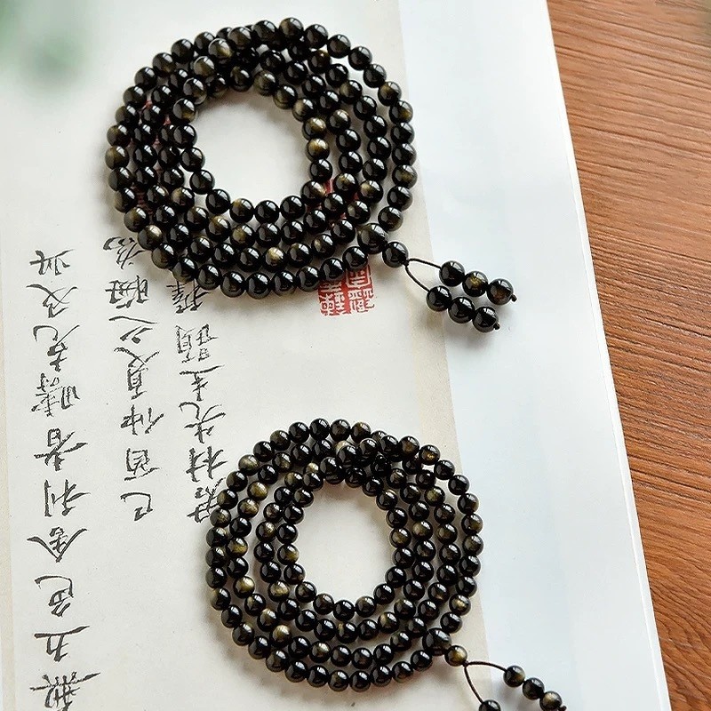 VZZS天然黑曜石银曜石三圈108颗叠戴男款女款多层手链佛珠