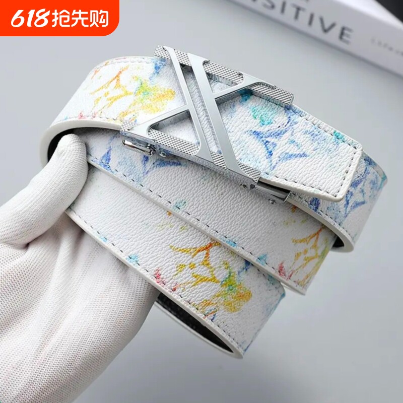 新款潮流男士皮带腰带真皮百搭字母涂鸦自动扣学生牛仔裤潮流网红