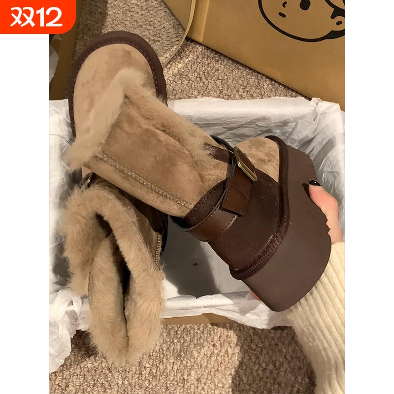 真皮厚底皮毛一体桑坡两穿长筒雪地靴女冬季加绒保暖短靴毛毛棉鞋