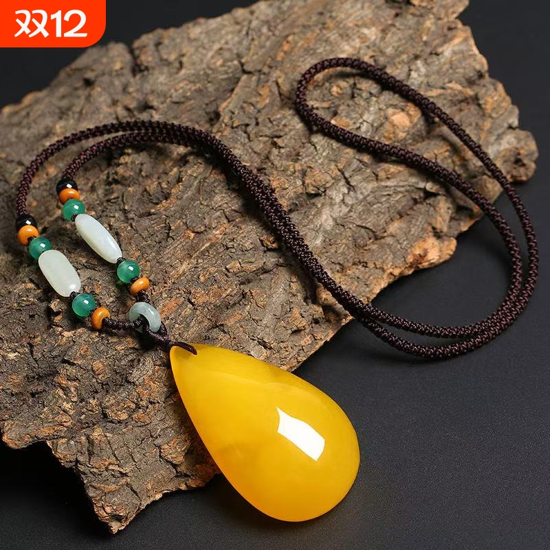 黄蜜蜡水滴吊坠二代平安牌男女