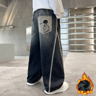 秋冬款 老爹裤 2025新款 儿童秋季 子 中大童男孩加绒休闲裤 男童牛仔裤