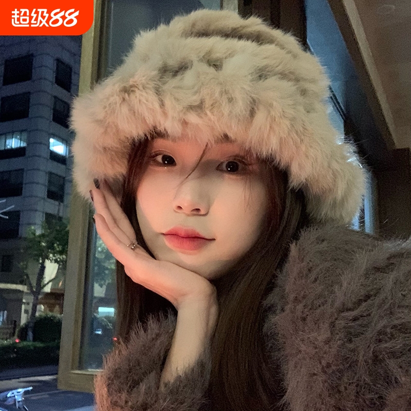 兔毛帽子女秋冬季加厚保暖百搭护耳针织帽大头围毛线渔夫帽显脸小